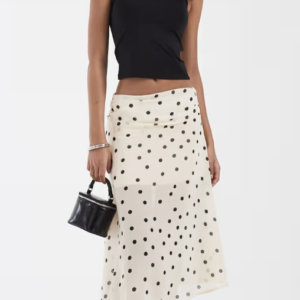 Kiss The Sky Titia asymmetric slit side skirt in ivory polka dot