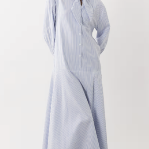ASOS DESIGN maxi shirt dress with scarf neck detail in blue pinstripe