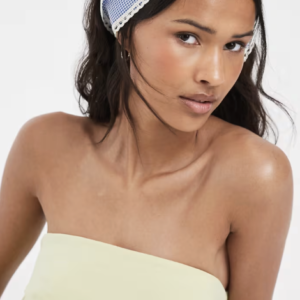 PIECES gingham lace trim headscarf in blue and white