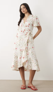 YAS satin wrap midi dress in white garden floral print