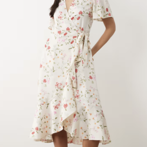 YAS satin wrap midi dress in white garden floral print