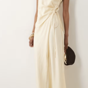 Mango linen mix tie waist sleeveless midi dress in butter yellow