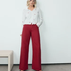 White Cherry Embroidered Pointelle Long Sleeve Knitted Shirt
