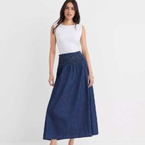 Chambray Smocked Midi Skirt