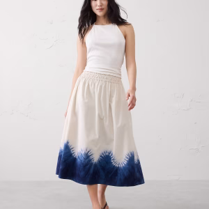 Poplin Smocked-Waist Midi Skirt