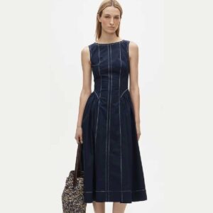 Contrast-stitch midi dress in cotton-blend poplin