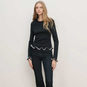 Elianne Ruffle-Trim T-Shirt Navy/White
