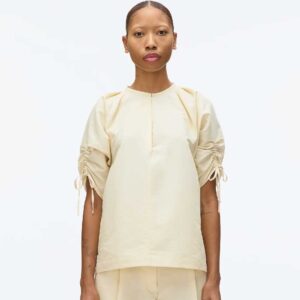 Gathered Sleeve Band Collar Top