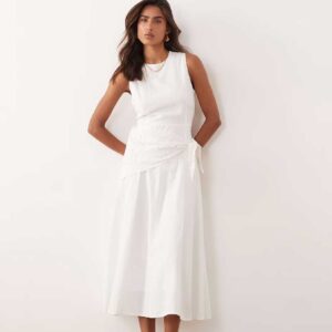 Mango linen mix sleeveless midi dress with scarf waist detail