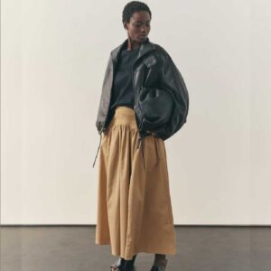 Camel Jersey Woven Mix A Line Heavyweight Cotton Midi Skirt