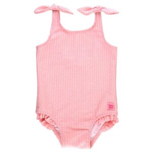 RuffleButts Girls Seersucker Tie Shoulder One Piece - Pink Seersucker