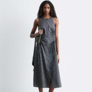 Sleeveless Drawstring Midi Dress Navy Blue Stripes