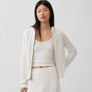 100% Cotton Cable-Knit Zip Cardigan New Off White