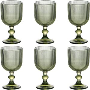 Taganov Green Drinking Glasses set of 6 Big Wine Goblets Vintage Colored Glassware 13 oz for Wedding Party Bar Vertical Line Embossed Pattern Stemmed Cups 400ml