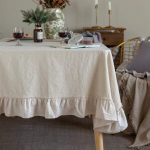 GLORY SEASON Retro Farmhouse Ruffle Tablecloth Cotton Flounces Trim Washable Table Cover Tablecloths for Rectangle Table Baby Shower Kitchen Party Wedding Decor, 52''x70''