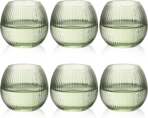 JOVGANK Green Ribbed Drinking Glasses Set of 6-10.8 OZ Stemless Wine Champagne Whiskey Cocktail Glass, Reusable Wine Cups for Home Party Wedding Bar