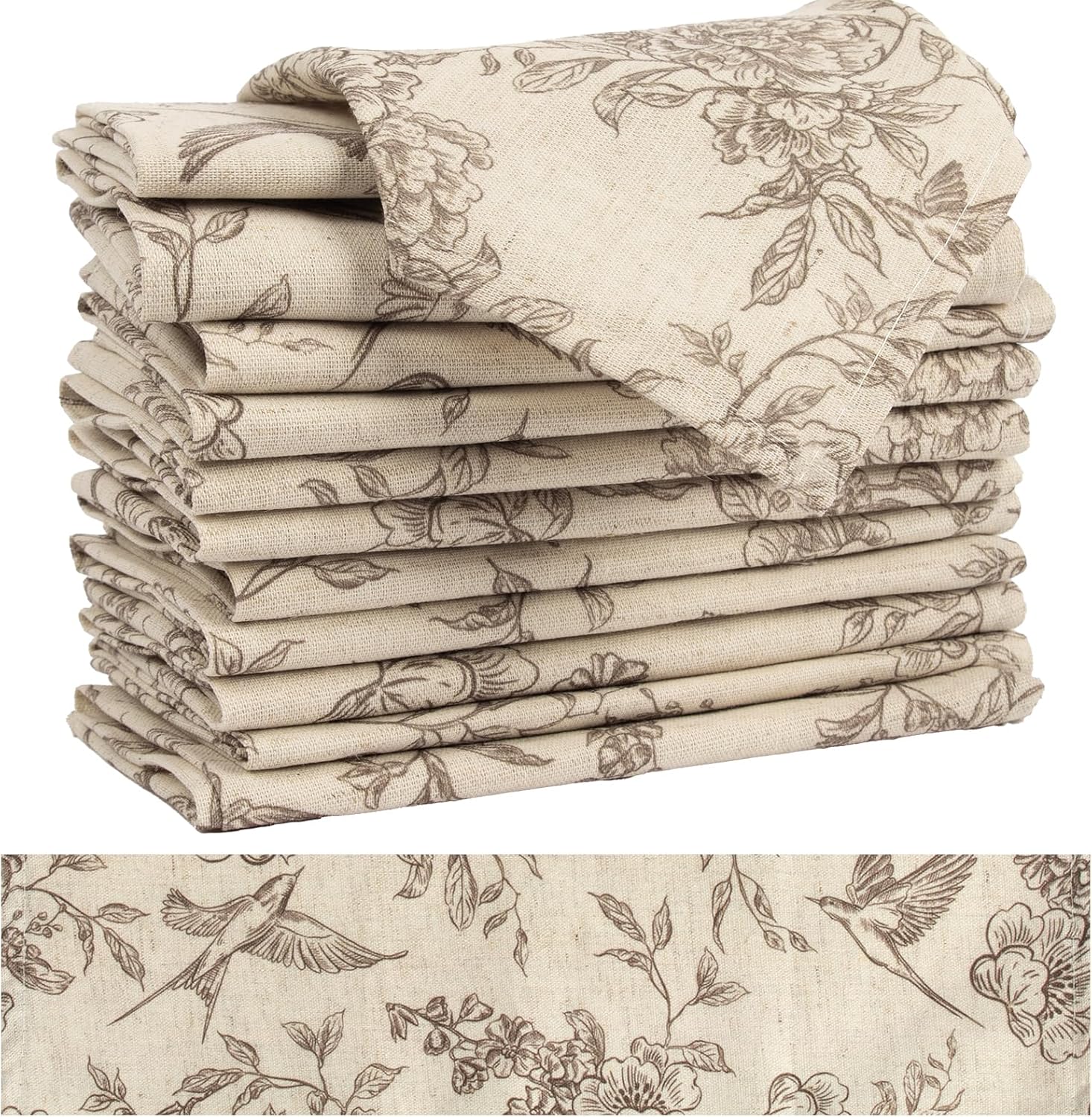 Vintage Floral Cloth Napkins Set of 12,Vintage Linen Cotton Dinner Napkins - Reusable, Chinoiserie Flowers Birds Napkins Party Napkin Towels for Everyday Use, Weddings, Party Table Decor