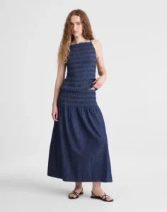 Denim Smocked-Waist Midi Skirt