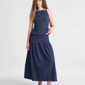 Denim Smocked-Waist Midi Skirt
