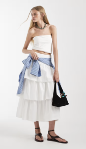 ASOS DESIGN tiered dropped waist boho midi skirt in white