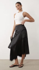 ASOS DESIGN satin asymmetric maxi skirt with lace detail in black
