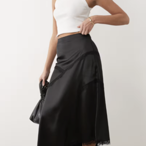 ASOS DESIGN satin asymmetric maxi skirt with lace detail in black