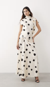 ARRANGE split shoulder draped maxi dress in polka-dot print