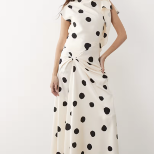 ARRANGE split shoulder draped maxi dress in polka-dot print