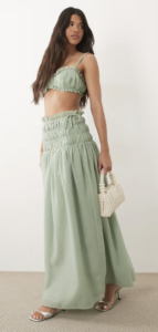 Wanderdoll Soulie linen look shirred dropped waist tie detail maxi skirt in sage – part of a set