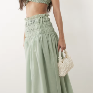Wanderdoll Soulie linen look shirred dropped waist tie detail maxi skirt in sage - part of a set