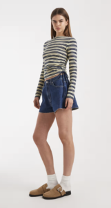 ASOS DESIGN ruched detailing tie sides boat neck long sleeve top in buttermilk and navy stripes