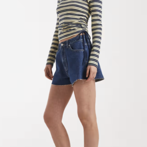 ASOS DESIGN ruched detailing tie sides boat neck long sleeve top in buttermilk and navy stripes
