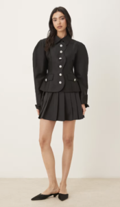 JW PEI scalloped placket volume sleeve blazer and mini skirt set in black