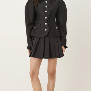 JW PEI scalloped placket volume sleeve blazer and mini skirt set in black