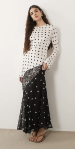 ASOS DESIGN satin maxi dress with lace trim in mono polka dot