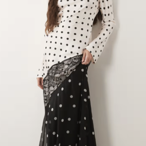 ASOS DESIGN satin maxi dress with lace trim in mono polka dot