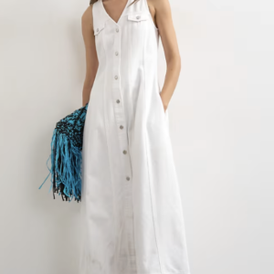 Topshop v-neck button up denim midaxi dress in bone