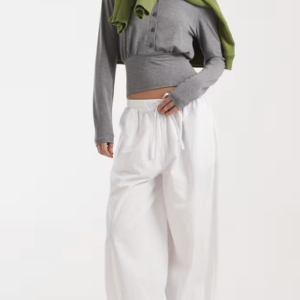 ASOS DESIGN contrast poplin collar button front cinched waist top in charcoal