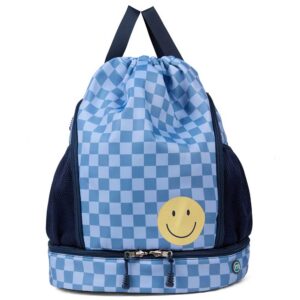Boys Checkered Water-Resistant Camp Backpack with Smiley-Face Graphic