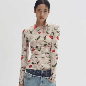 Cherry-Print Mesh Top Cream