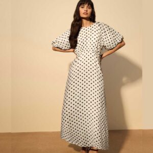 Ecru/Black Polka Dot Puff Sleeve Midi Dress