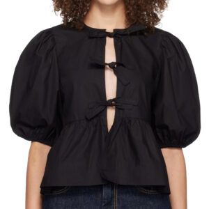 GANNI Black Cotton Poplin Peplum Tie Blouse
