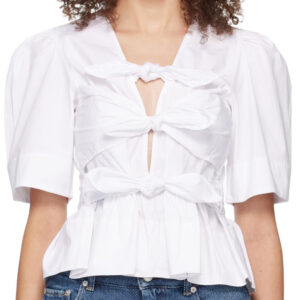 GANNI White Washed Stretch Cotton Tie Strap Blouse