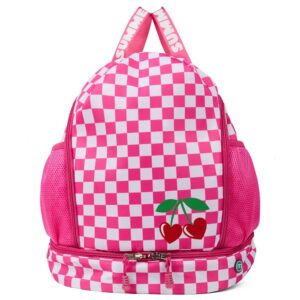 Girls Checkered Camp Backpack with Heart-Shaped Cherries Graphic
