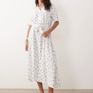 JDY tie waist midi dress in white ditsy floral