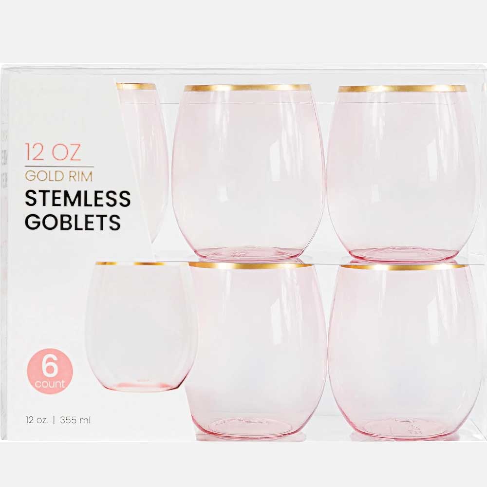 PLASTICPRO 12 Pack Pink With Gold Rim Plastic Wine Glasses