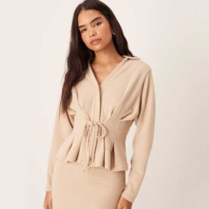 Supersoft tie detailing cinched waist long sleeve polo top