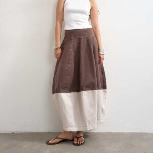 Topshop denim barrel seamed maxi skirt in brown and ecru