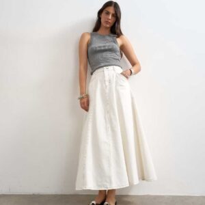 Topshop denim circle seamed maxi skirt in bone