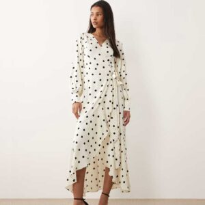 VILA long sleeve satin wrap midi dress in cream polka dot
